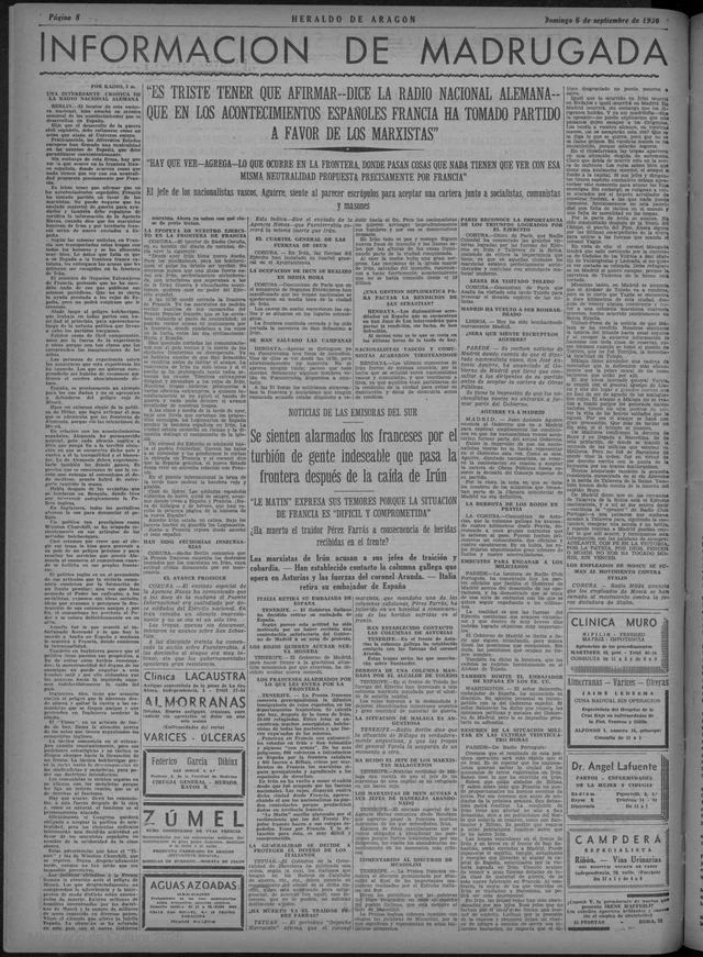 Heraldo de Aragón : diario de la mañana · 1936-09-06 · página de repositorio 8. Heraldo de Aragón: Zúmel, fabricado por Bodegas de Burbano en Morata
