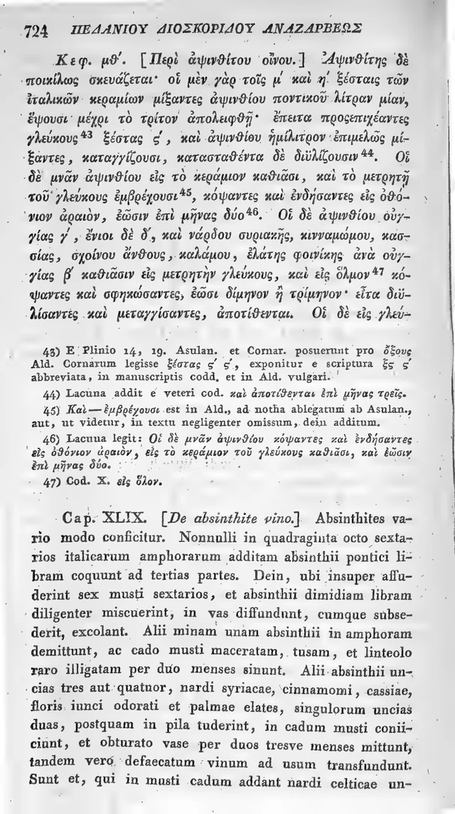 Página 724 · vino de ajenjo, texto griego y versión latina. De materia medica, tomo I · edición de Kurt Sprengel
