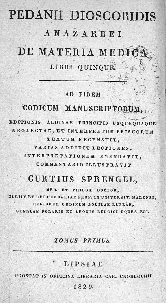 Portada · tomo I, Leipzig, 1829. De materia medica, tomo I · edición de Kurt Sprengel