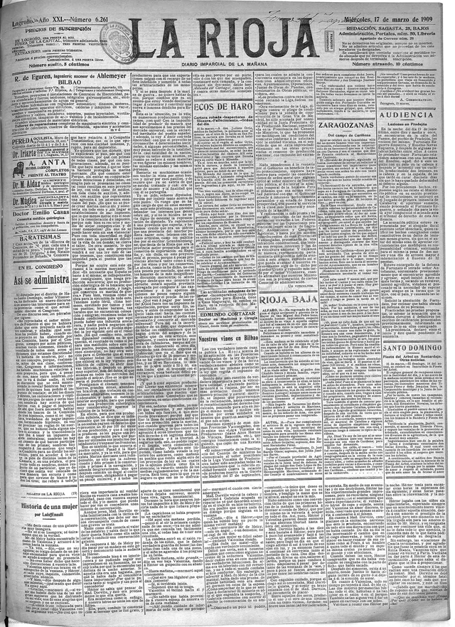 La Rioja, año XXI, n.º 6.261, 17 de marzo de 1909, p. 1. «Zaragozanas · Del campo de Cariñena». Crónica fechada en Zaragoza el 15 de marzo. Aporta contexto regional; no es una carta de Morata ni documenta una compra a Burbano.. La crisis llega al vermut antes de comer
