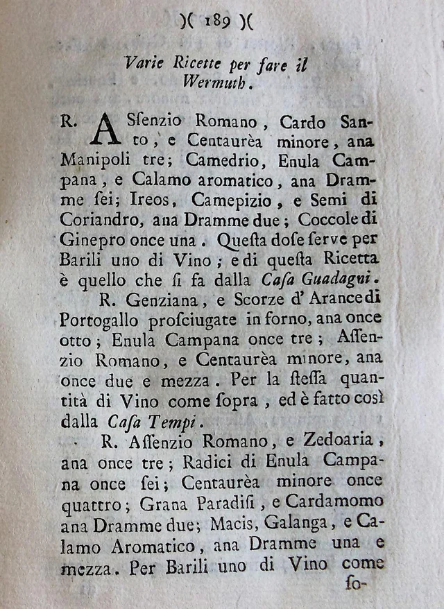 Página 189 · recetas de vermut. Magazzino Toscano, tomo IV, parte IV · Oenologia toscana