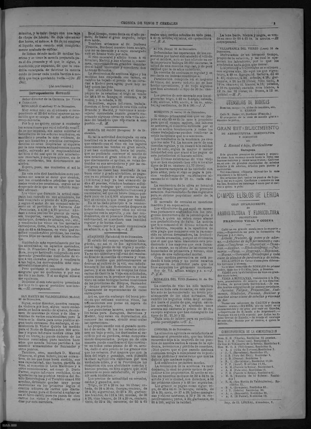 Crónica de Vinos y Cereales, n.º 835, 2 de enero de 1886, p. 3. Carta fechada en Morata el 31 de diciembre; corresponde a 1885 por la fecha del número. Fecha de publicación cotejada con los metadatos del repositorio.. Las pipas desbordan la estación