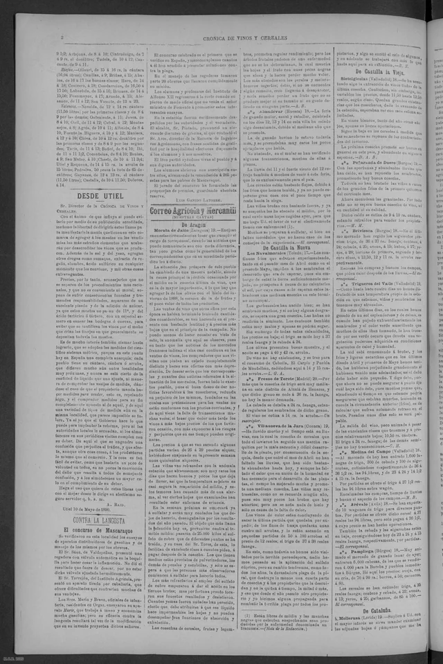 Crónica de Vinos y Cereales, n.º 1292, 21 de mayo de 1890, p. 2, «Correo Agrícola y Mercantil». Carta de Morata fechada el 19 de mayo. Fecha de publicación cotejada con los metadatos del repositorio.. Pozales y escobillas contra el mildiu