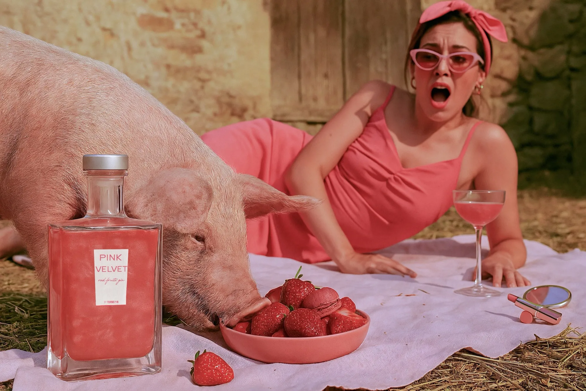 Pink Velvet en picnic con cerdo rosa