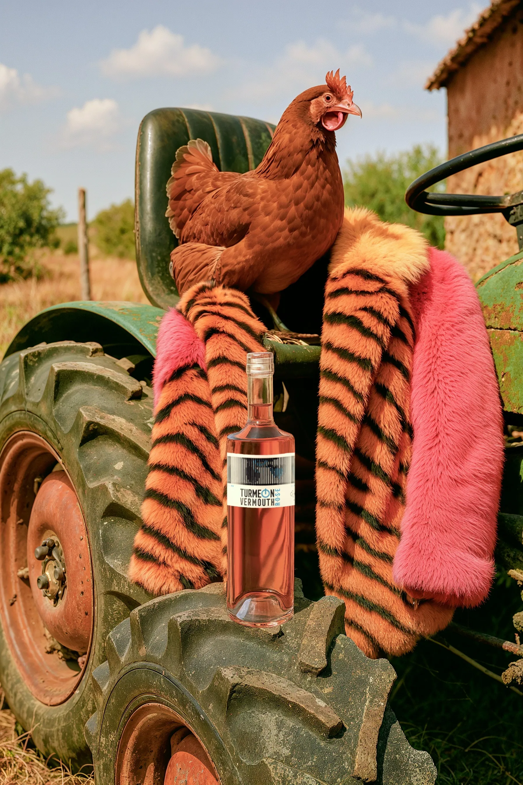 Mujer con botella de Rosé en tractor con gallina
