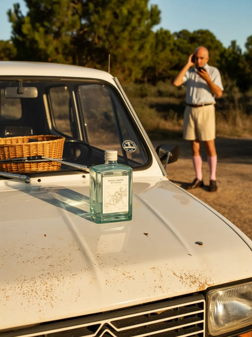Botella de White Velvet en coche vintage