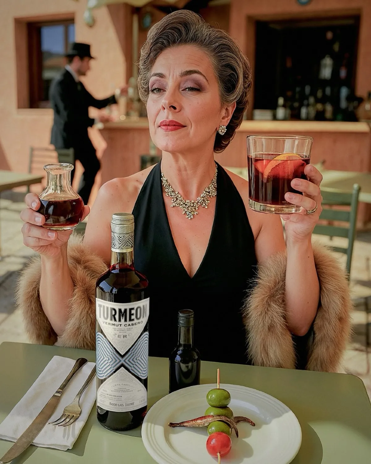 Mujer elegante con Turmeon Zero en terraza