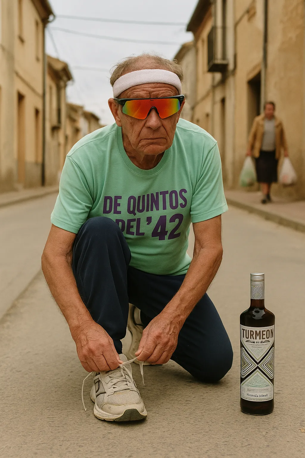 Corredor con botella de Turmeon Zero en el pueblo